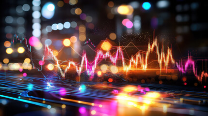 Aufkleber - artistic representation of global economic resilience, featuring vibrant financial graphs and colorful light effects. This captures dynamic nature of market trends and data visualization