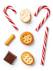 Poster - Dessert Elements Such As Biscuit, Dragees, Chocolate, And Candy Cane Are Isolated Against A White Background For Display. 00002