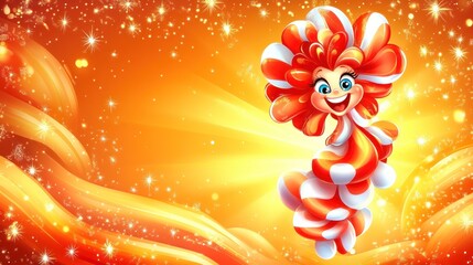 Poster - Cheerful, candy-cane-shaped creature against a warm, golden background with sparkling details.