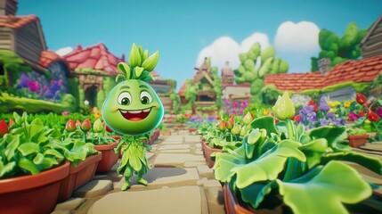 Wall Mural - Cheerful cartoon character, a friendly, stylized vegetable, in a whimsical, garden-filled village.