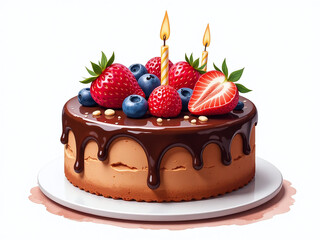 Poster - Delicious Watercolor Design Depicts A Birthday Chocolate Cake With Fruits Isolated On A White Background Perfect For Celebrations. 00001