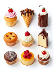 Poster - Delicious Desserts Made Up Of Various Sweets Are Isolated Against A Pure White Background Creating A Visually Appealing Scene. 00003