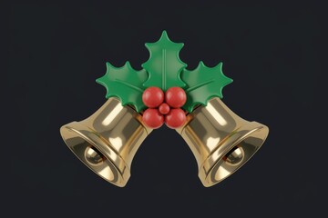 Poster - Two golden bells adorned with holly and berries, a festive Christmas symbol.