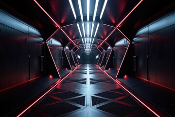 Poster - Futuristic spaceship corridor with red and white neon lights illuminating the metallic floor and walls.