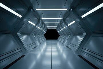 Poster - Futuristic metallic corridor with bright lights, leading to a dark end.  Clean, sleek design.