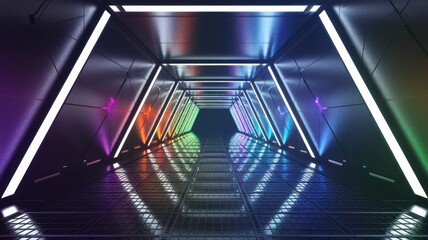 Poster - A futuristic, colorful tunnel with vibrant neon lights illuminating a metallic corridor.