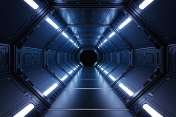 Poster - Futuristic spaceship corridor with blue neon lights, sleek metallic walls, and a dark, mysterious end.