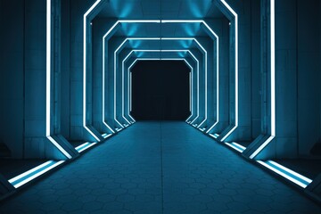Poster - Futuristic neon-lit corridor, sleek design, glowing blue lines, modern architecture, abstract background.