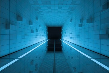 Fototapete - A futuristic, minimalist tunnel with glowing blue lines and reflective floor, creating an infinite perspective.