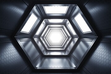 Poster - A futuristic hexagonal tunnel with bright lights at the end, creating an illusion of depth and endless space.