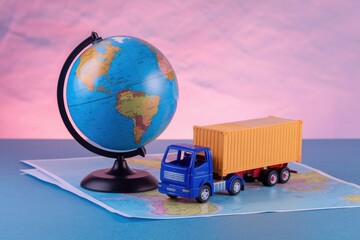 Poster - A blue toy truck carrying a yellow container sits on a map near a globe, symbolizing global shipping and trade.