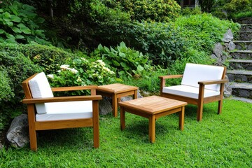 Tranquil Garden Patio Furniture Set Wooden Chairs and Tables