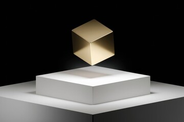 Fototapete - A gold cube hovers above a white platform, creating a minimalist, elegant display.