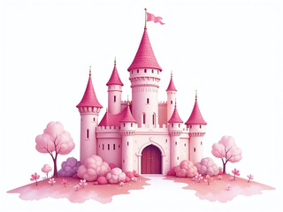 Poster - Delicate Pink Castle Stands Isolated Against A Clean White Background In An Elegant Watercolor Painting Style. 00002