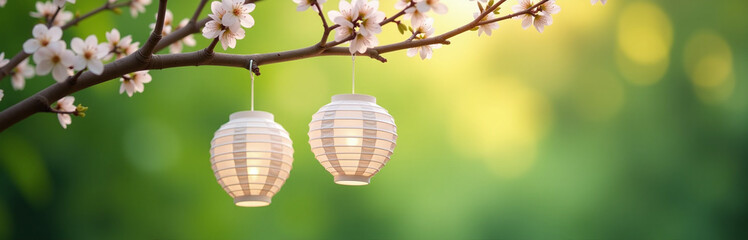 Poster - Delicate Paper Lanterns Suspended From A Blooming Tree Branch Against A Serene Green Bokeh Nature Background With Soft Focus Effect. 00001