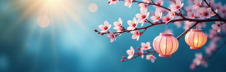 Poster - Delicate Paper Lanterns Adorn A Blooming Tree Branch, Set Against A Serene Blue Bokeh Nature Background With Gentle Morning Light. 00003