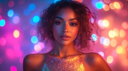 Aufkleber - A woman with curly hair poses confidently, illuminated by soft, colorful lights. The background features a captivating bokeh effect that enhances her beauty.