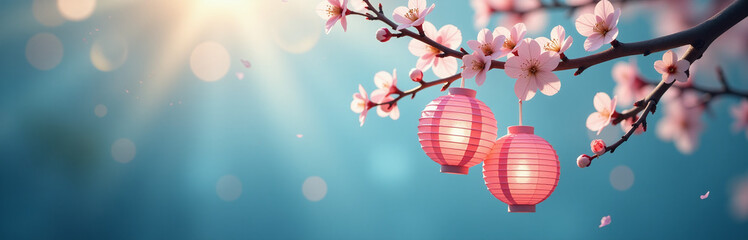 Poster - Delicate Paper Lanterns Adorn A Blooming Tree Branch, Set Against A Serene Blue Bokeh Nature Background With Gentle Morning Light. 00001