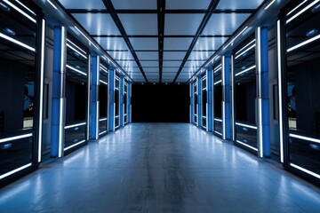 Poster - Futuristic hallway with glowing blue neon lights and sleek, modern design.