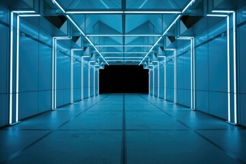 Poster - A futuristic, neon-lit corridor stretches into darkness, creating a sense of mystery and technological advancement.