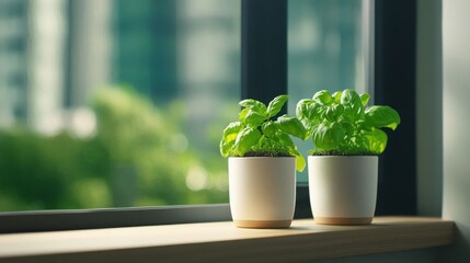 Wall Mural - Fresh Green Basil Plants in White Pots Near Window with Natural Light