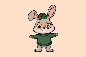 Poster - Adorable cartoon bunny wearing a green sweater and hat, looking cute and friendly.
