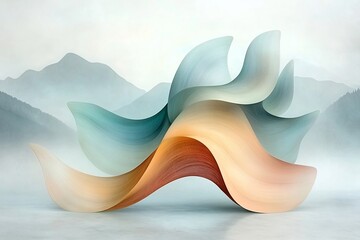 Poster - Ethereal iridescent waves cascading through a misty mountainscape with an intricate fractal like pattern and a luminous color palette creating a serene and dreamlike atmosphere