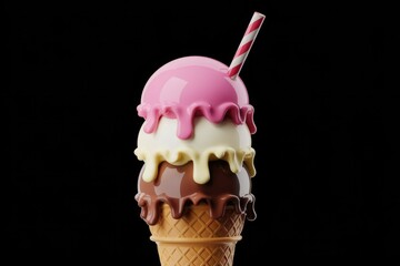 Poster - A triple-scoop ice cream cone with strawberry, vanilla, and chocolate, topped with a straw.