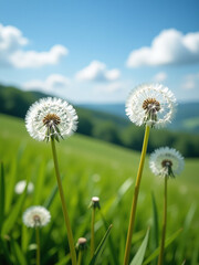 Poster - Dandelion Flower Heads Sway Gently In The Breeze, A Serene Scene Set Amidst The Rolling Green Hills And Blue Sky. 00003