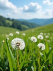 Poster - Dandelion Flower Heads Sway Gently In The Breeze, A Serene Scene Set Amidst The Rolling Green Hills And Blue Sky. 00001