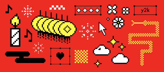 Poster - Y2k pixel icon set. Simple geometric shape for design, collage. Lantern, candle, snake. Video game abstract elements. Mood of 90s aesthetics. 8 bit retro style vector illustration. Red background