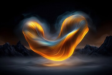 Poster - Ethereal Undulating Iridescent Shape in Earthy Tones Against Mist Shrouded Mountainscape   Abstract Digital Art with Luminous Color Palette and Intricate Fractal like Details