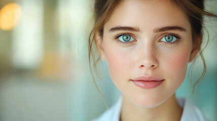 Discover the allure of natural beauty with this close-up portrait highlighting striking blue eyes and flawless, radiant skin.