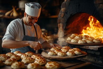 A chef preparing samsa (Uzbek pastry) in a traditional clay oven, with golden pastries displayed on a wooden tray