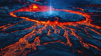 Aufkleber - Molten lava flows through dark, cracked volcanic rock, creating a mesmerizing fiery landscape.