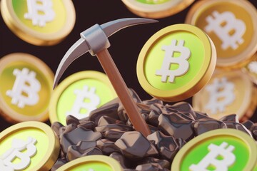 Poster - Bitcoin mining concept: a pickaxe unearths digital currency from a pile of rocks, symbolizing the process of cryptocurrency mining.
