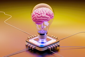 Leinwandbilder - A human brain inside a lightbulb on a microchip symbolizes the power of AI and innovative thinking.
