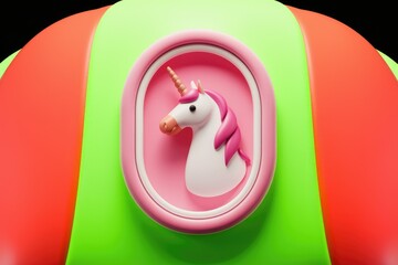 Poster - A cute 3D rendered unicorn head in a pink oval frame on a vibrant multicolored background.