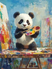 Poster - Panda joyfully creating art with a paintbrush and palette in a colorful studio filled with canvases. Generative AI