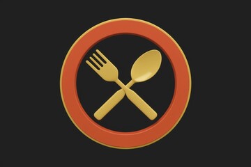 Poster - A 3D rendering of a fork and spoon crossed inside a circular frame, symbolizing food and dining.
