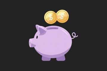 Poster - A purple piggy bank with two golden coins representing savings and financial security.