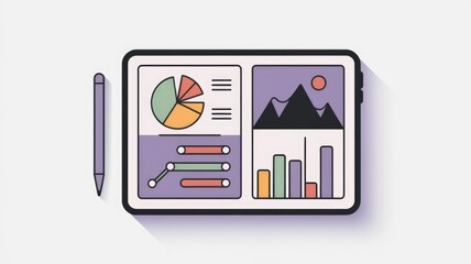 Leinwandbilder - Tablet displaying various charts and graphs, including pie charts, bar graphs, and line graphs, alongside an image of mountains.