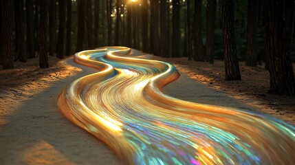 Poster - Mesmerizing Iridescent Pathway in Sun Dappled Forest Clearing with Dynamic Flowing Shapes  digital painting with earthy tones shimmering patterns and subtle textural variations creating a dreamlike
