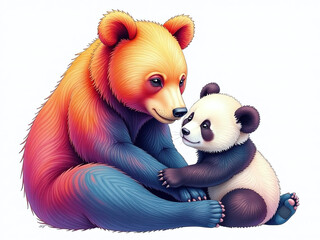 Poster - Colorful Watercolor Portrait Painting Of A Mother Bear And Her Baby Panda, Created Using Ai Technology, Isolated Against A White Background. 00003