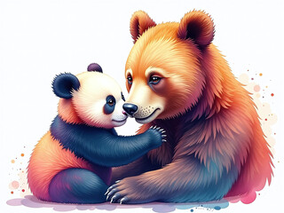 Poster - Colorful Watercolor Portrait Painting Of A Mother Bear And Her Baby Panda, Created Using Ai Technology, Isolated Against A White Background. 00001