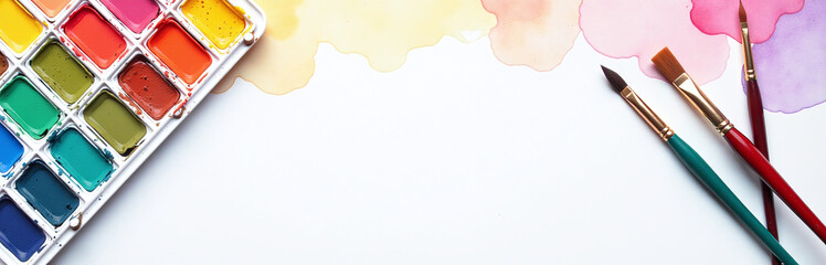 Aufkleber - Colorful Watercolor Paints And Brushes Arranged On A White Background For A Flat Lay Photography Composition With Copy Space Available. 00001