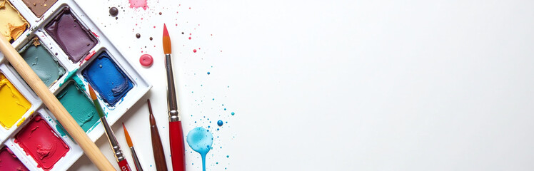 Aufkleber - Colorful Watercolor Paints And Brushes Arranged On A White Background For A Flat Lay Photography Composition With Copy Space Available. 00002