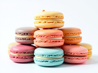 Aufkleber - Colorful Traditional French Macaroon Cookies Stacked On A White Background With Creative Designs Generated By Ai Technology. 00003