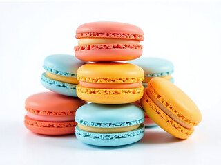 Aufkleber - Colorful Traditional French Macaroon Cookies Stacked On A White Background With Creative Designs Generated By Ai Technology. 00002
