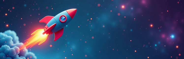 Poster - Colorful Toy Rocket Soaring Through Space With A Galaxy Background For Copy Space To Insert Images Or Text Freely. 00002